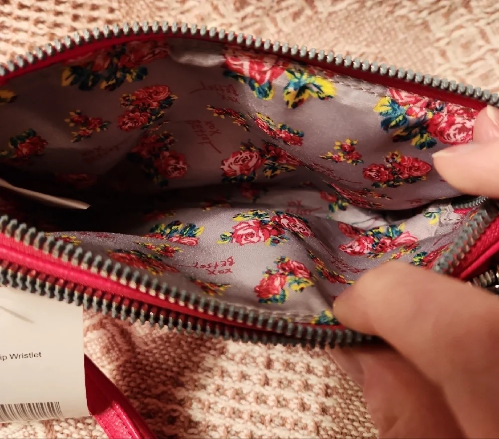 Betsey Johnson Red Faux Leather Double Zip Wristlet Embossed Hearts NWT